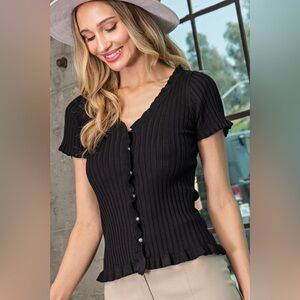 Lettuce Trim Ribbed Pearl Button Down Blouse - eesome